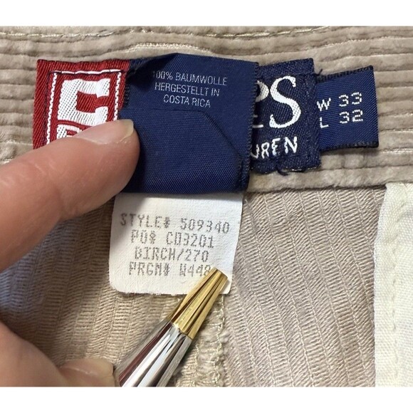 Vintage Ralph Lauren Chaps Corduroy Pants Khaki 33x32 Baggy Skater Cuffed Pleat - Picture 6 of 8